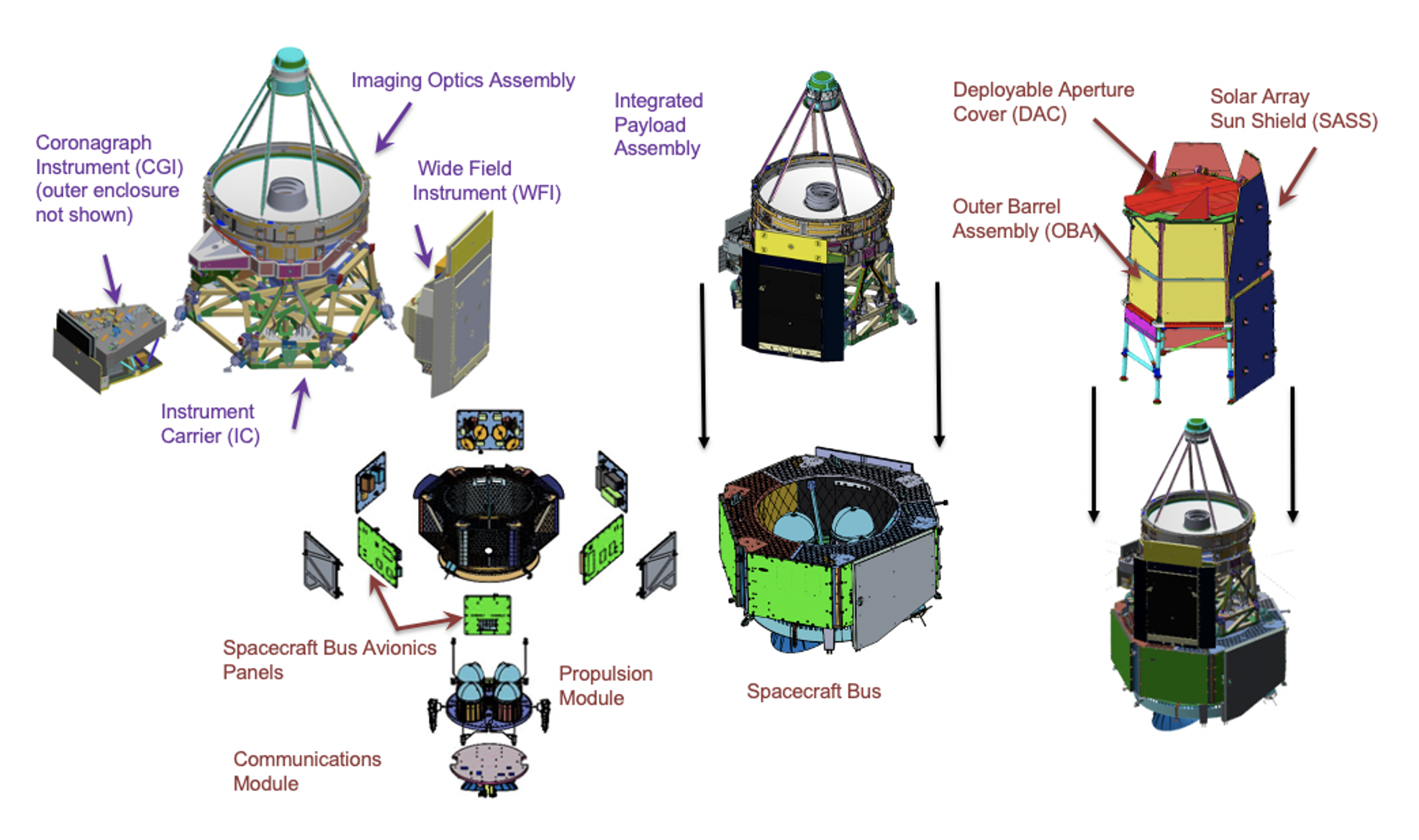 The Roman observatory split into its spacecraft (red) and integrated payload (purple) components