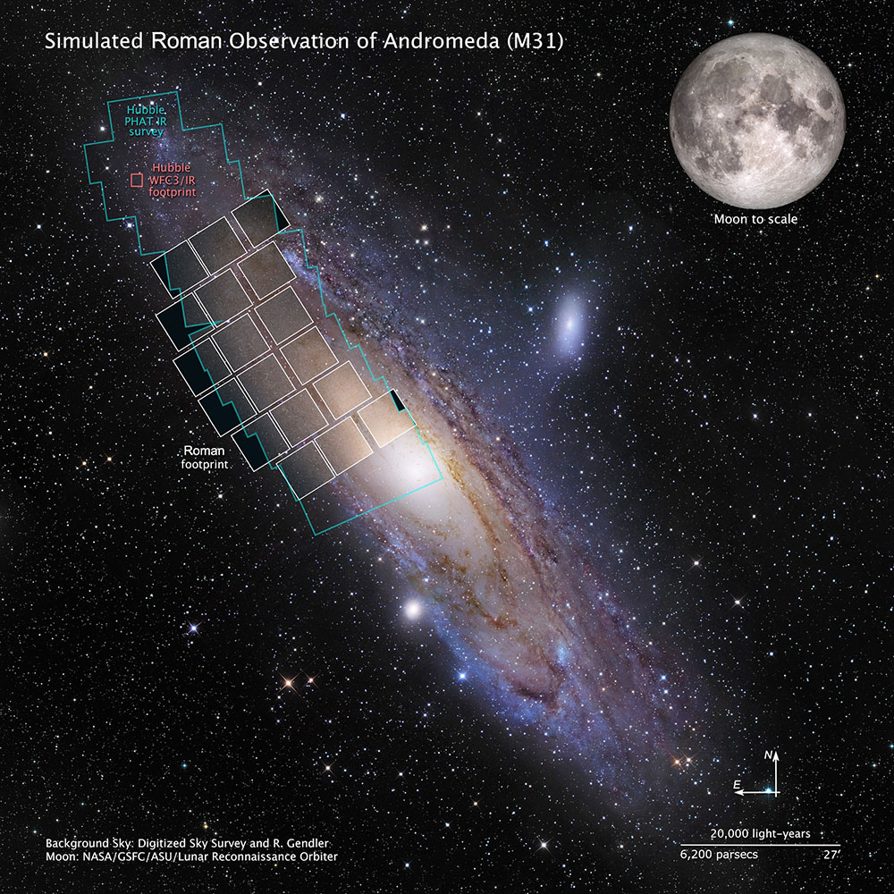  A composite figure shows the region of Andromeda covered by the Roman Space Telescope simulation.