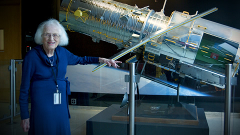 Nancy Grace Roman with model of the Hubble Space Telescope